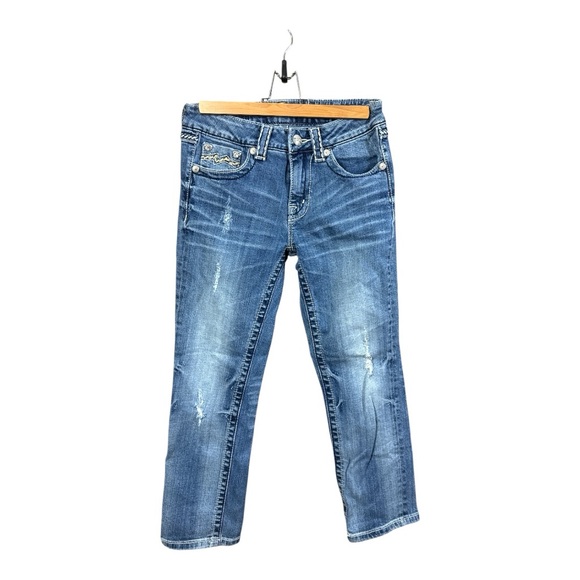 Miss Me Distressed Boyfriend Thick Stitch Embellished Cropped Jeans in Med 21 - Picture 1 of 8